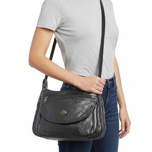 Vintage Black Patchwork Leather Shoulder Bag Adjustable Strap Multi-Pocket